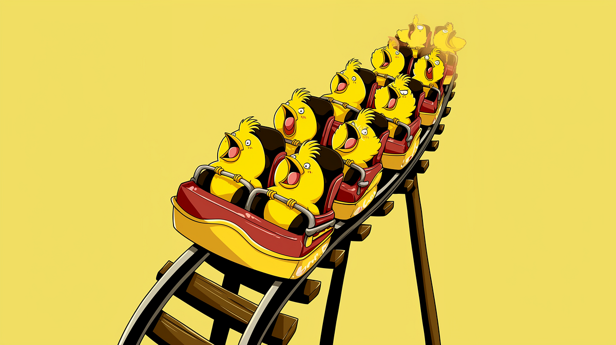 Cartoon of group of canaries riding a rollercoaster